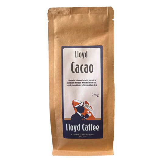 Lloyd Cacao Kakaopulver 250 g im braunen Papierbeutel mit blauem Etikett – Kakao von Lloyd Caffee Bremen