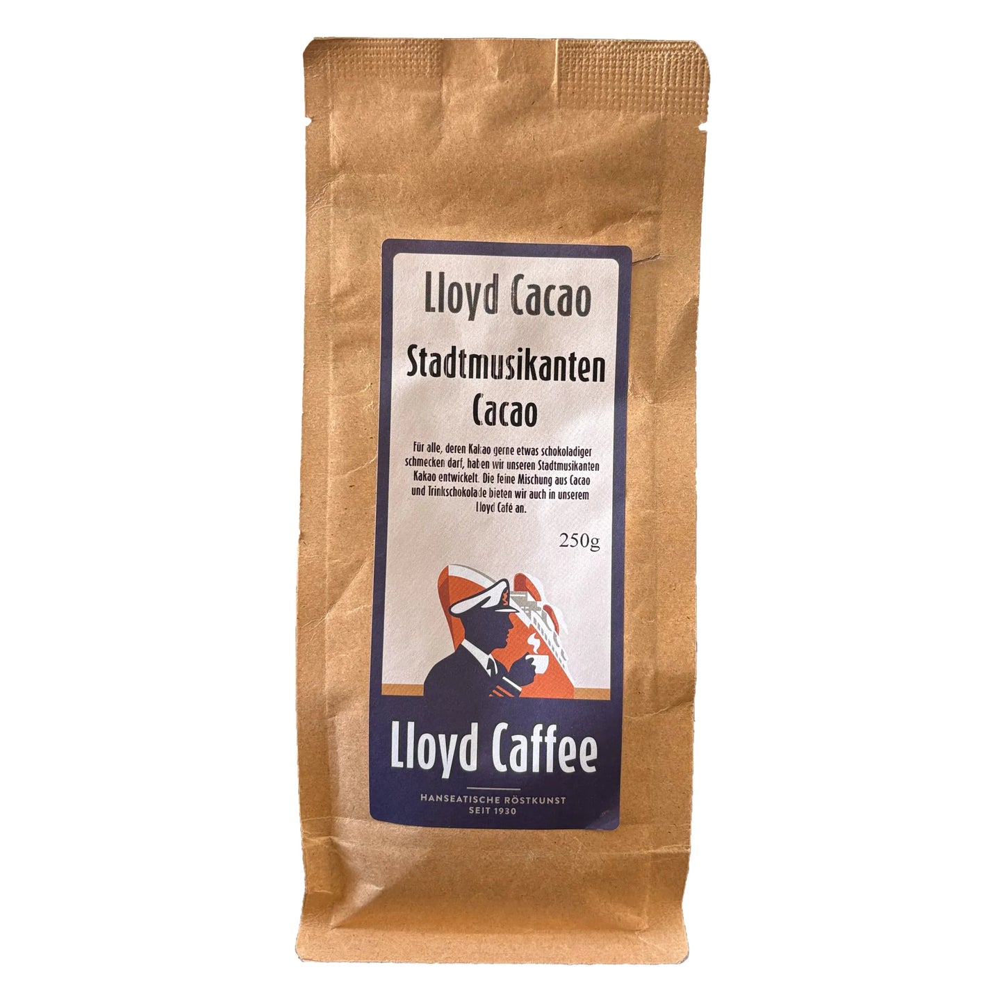 Stadtmusikanten Cacao 250 g von Lloyd Caffee – Mischung aus Kakao und Trinkschokolade im braunen Papierbeutel